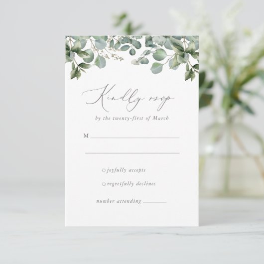 Rustic Elegant Greenery Eucalyptus Wedding RSVP Kaartje (Staand voorkant)