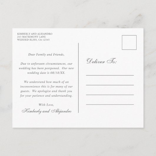 Rustic Elegant Greenery Wedding Postponement Aankondigingskaart (Achterkant)