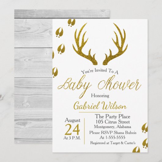 Rustic Elegant Grey Wood Gold Antlers Baby shower Kaart (Voorkant / Achterkant)