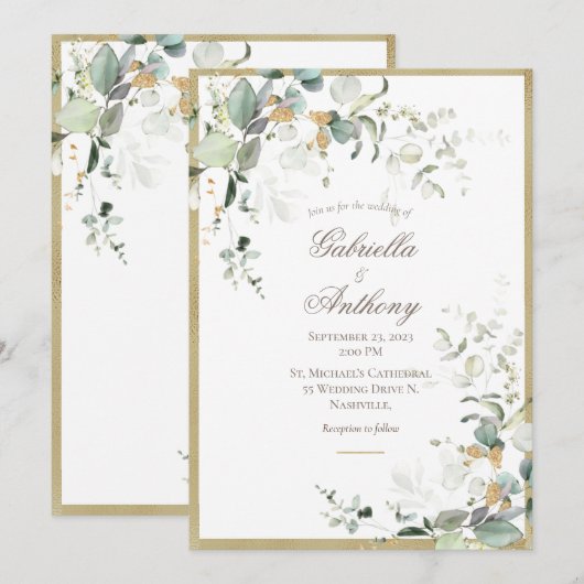 Rustic Elegant Leaves Greenery Gold Wedding Kaart (Voorkant / Achterkant)