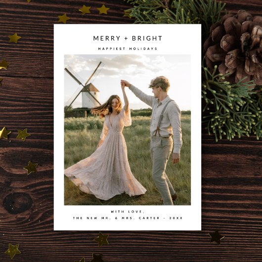 Rustic Elegant Merry and Bright Photo Newlywed Feestdagenkaart