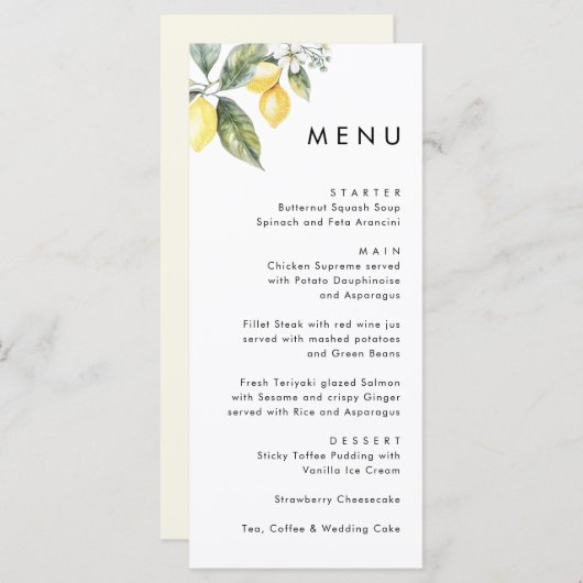 Rustic Elegant Minimal Lemon Garden Wedding Menu (Voorkant / Achterkant)