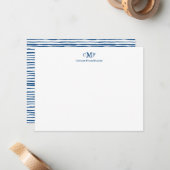 Rustic Elegant Modern 3 Monogram Navy Blue Stripe Notitiekaartje (Voorkant / Achterkant in situ)