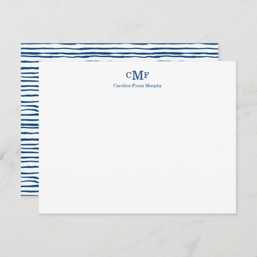 Rustic Elegant Modern 3 Monogram Navy Blue Stripe Notitiekaartje (Voorkant / Achterkant)