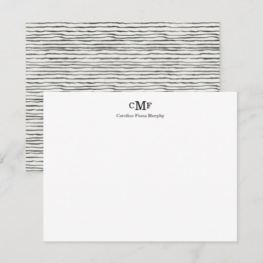 Rustic Elegant Modern 3 Monogram Zwarte Stripes Notitiekaartje (Voorkant / Achterkant)