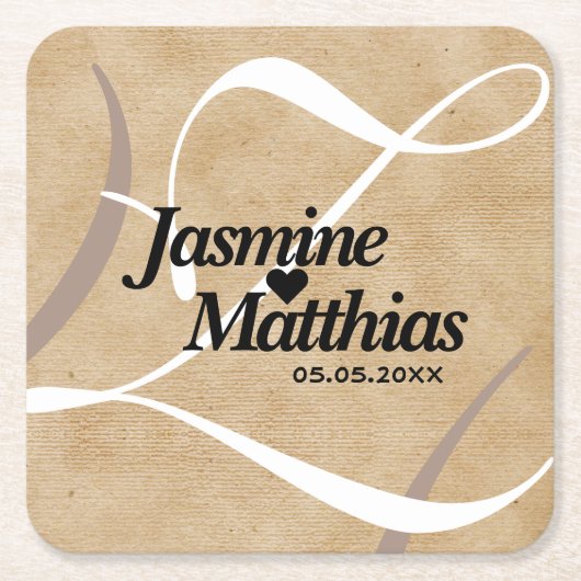 Rustic Elegant  Monogram Burlap Wedding Kartonnen Onderzetters (Voorkant)