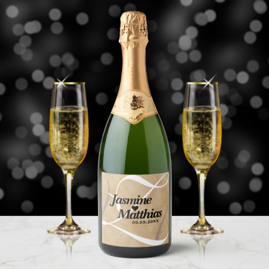 Rustic Elegant  Monogram Burlap Wedding Sparkling Wijnetiket