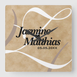 Rustic Elegant  Monogram Burlap Wedding Vierkante Klok