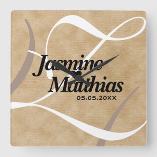 Rustic Elegant Monogram Burlap Wedding Vierkante Klok