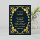 Rustic Elegant Navy and Gold Wedding Folie Uitnodiging (Staand Voorkant)