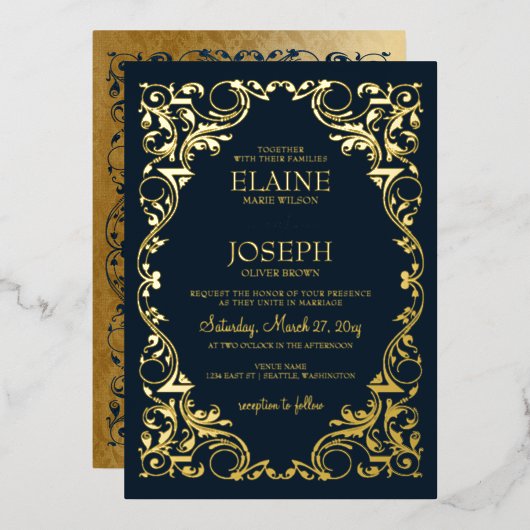 Rustic Elegant Navy and Gold Wedding Folie Uitnodiging (Voorkant / Achterkant)