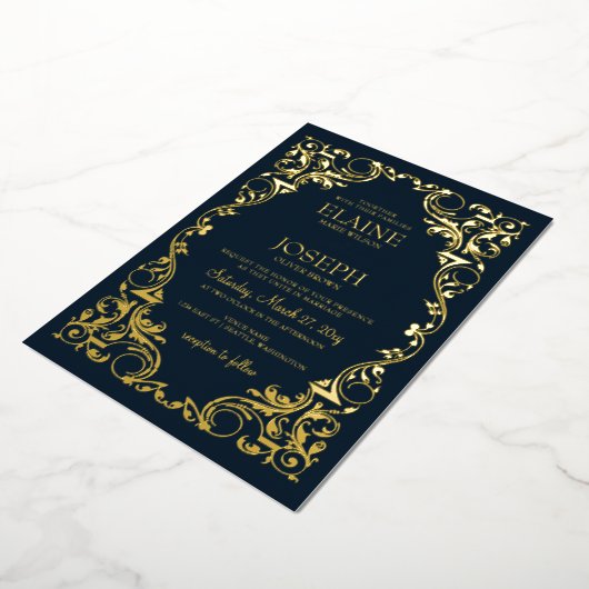 Rustic Elegant Navy and Gold Wedding Folie Uitnodiging (Gedraaid)