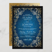 Rustic Elegant Navy and Gold Wedding Kaart (Voorkant / Achterkant)