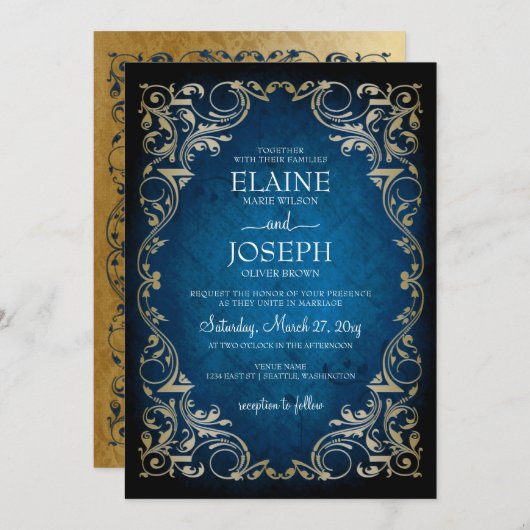 Rustic Elegant Navy and Gold Wedding Kaart (Voorkant / Achterkant)