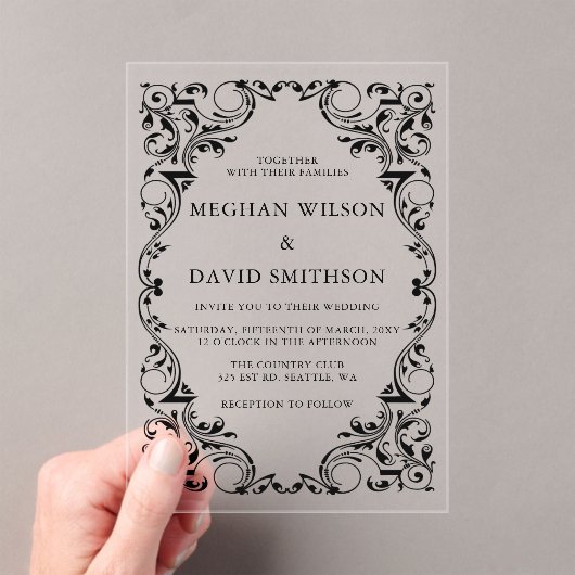 Rustic Elegant Ornamental Black Gold Wedding Acryl Uitnodigingen (Insitu (Draagbaar))