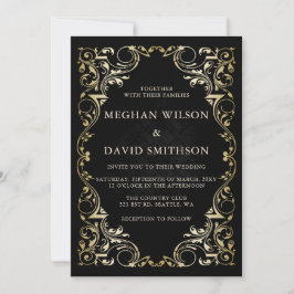 Rustic Elegant Ornamental Black Gold Wedding Kaart