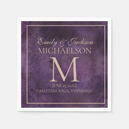 Rustic Elegant Paars Gold Monogram Weddenschap Servet (Voorkant)