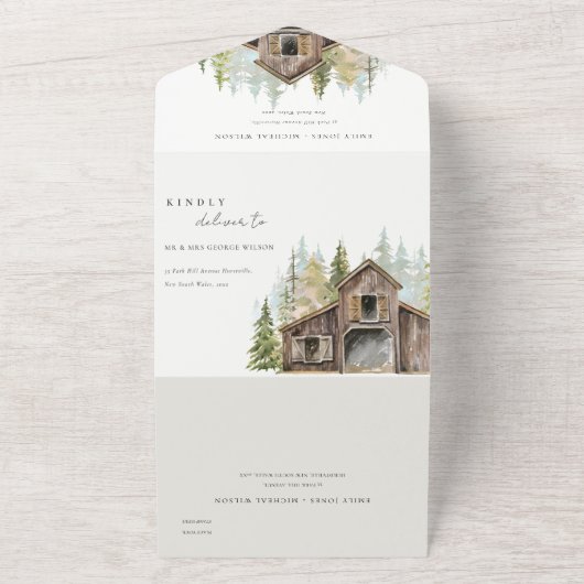 Rustic Elegant Pine Bossen Forest Barnyard Wedding All In One Uitnodiging (Buitenkant)