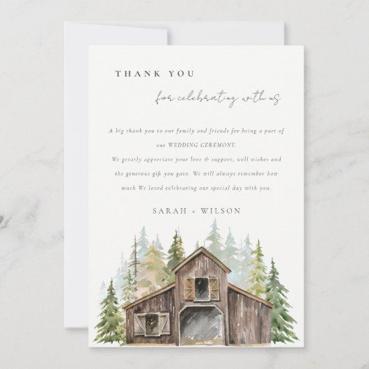 Rustic Elegant Pine Bossen Forest Barnyard Wedding Bedankkaart (Voorkant)