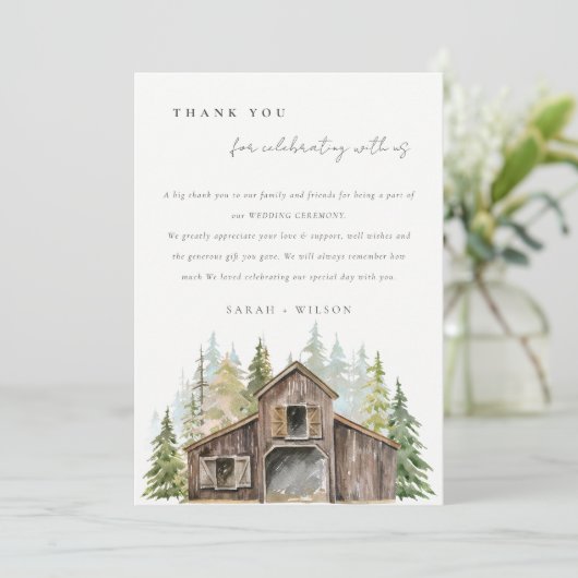 Rustic Elegant Pine Bossen Forest Barnyard Wedding Bedankkaart (Staand voorkant)