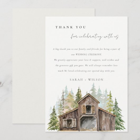 Rustic Elegant Pine Bossen Forest Barnyard Wedding Bedankkaart (Voorkant / Achterkant)