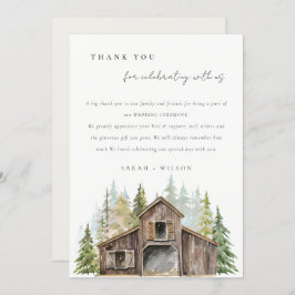 Rustic Elegant Pine Bossen Forest Barnyard Wedding Bedankkaart