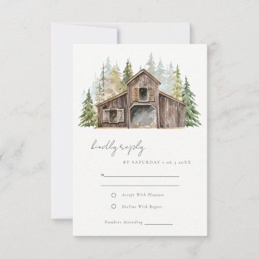 Rustic Elegant Pine Bossen Forest Barnyard Wedding RSVP Kaartje (Voorkant)