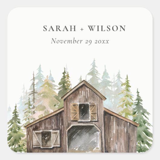 Rustic Elegant Pine Bossen Forest Barnyard Wedding Vierkante Sticker (Voorkant)