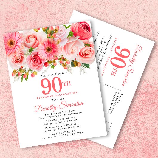 Rustic Elegant Pink Floral 90e verjaardag Uitnodiging Briefkaart