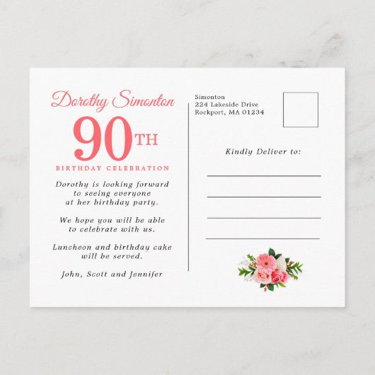 Rustic Elegant Pink Floral 90e verjaardag Uitnodiging Briefkaart (Achterkant)