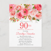Rustic Elegant Pink Floral 90e verjaardag Uitnodiging Briefkaart (Voorkant)