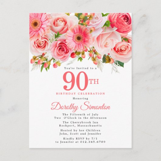 Rustic Elegant Pink Floral 90e verjaardag Uitnodiging Briefkaart (Voorkant)
