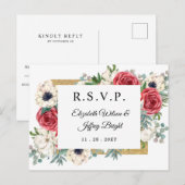 Rustic Elegant Red en Gold Floral Wedding RSVP Uitnodiging Briefkaart (Voorkant / Achterkant)