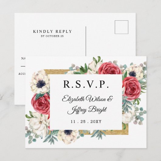 Rustic Elegant Red en Gold Floral Wedding RSVP Uitnodiging Briefkaart (Voorkant / Achterkant)