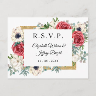 Rustic Elegant Red en Gold Floral Wedding RSVP Uitnodiging Briefkaart