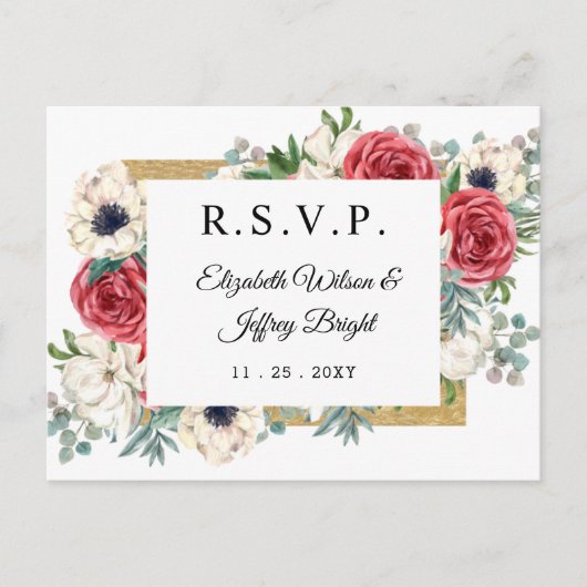 Rustic Elegant Red en Gold Floral Wedding RSVP Uitnodiging Briefkaart (Voorkant)