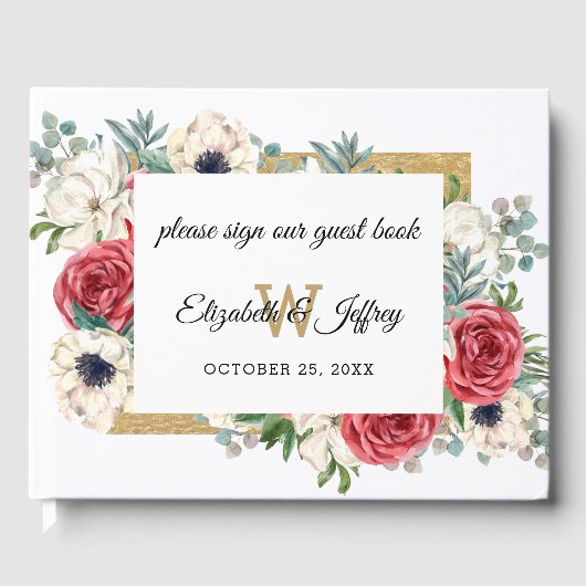 Rustic Elegant Red en Gold Floral White Wedding Gastenboek (Voorkant)