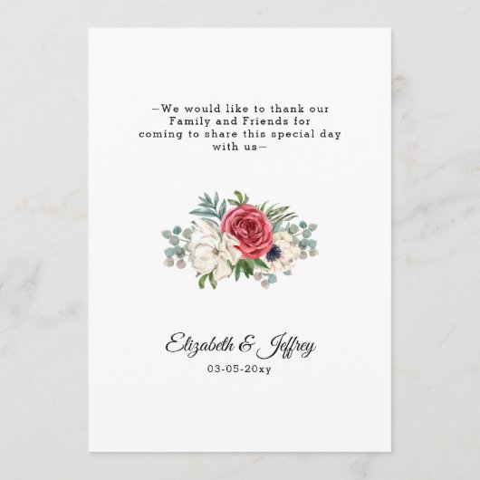 Rustic Elegant Red en Gold Floral White Wedding Menu (Achterkant)