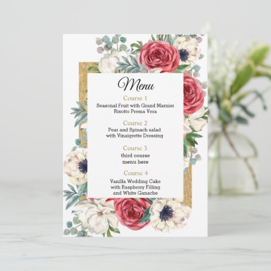 Rustic Elegant Red en Gold Floral White Wedding Menu (Staand voorkant)