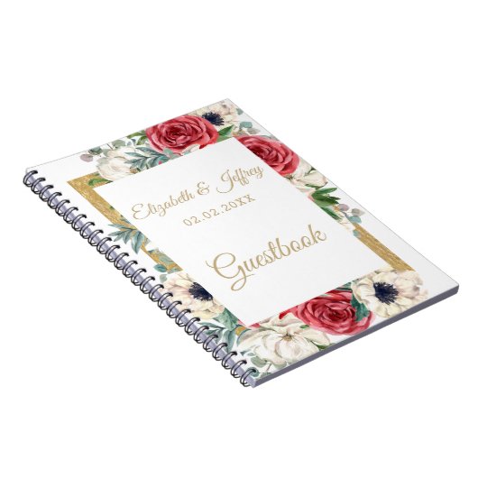 Rustic Elegant Red en Gold Floral White Wedding Notitieboek (Rechterzijde)