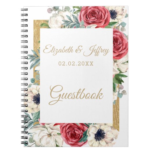 Rustic Elegant Red en Gold Floral White Wedding Notitieboek (Voorkant)
