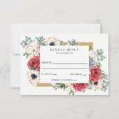 Rustic Elegant Red en Gold Floral White Wedding RSVP Kaartje (Voorkant)