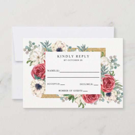 Rustic Elegant Red en Gold Floral White Wedding RSVP Kaartje (Voorkant)