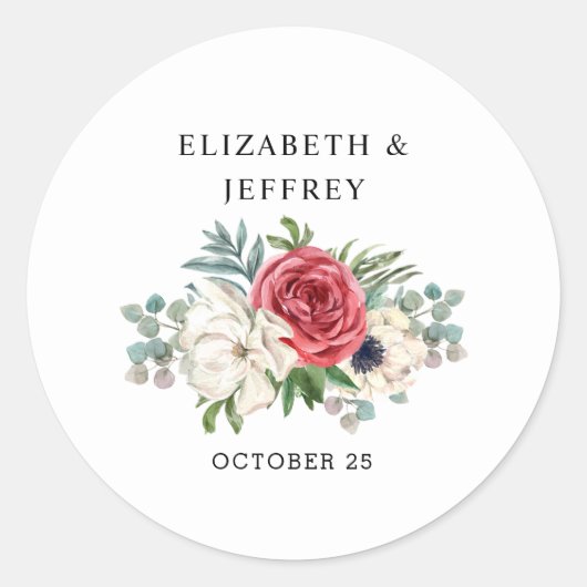 Rustic Elegant Red Floral White Wedding Ronde Sticker (Voorkant)