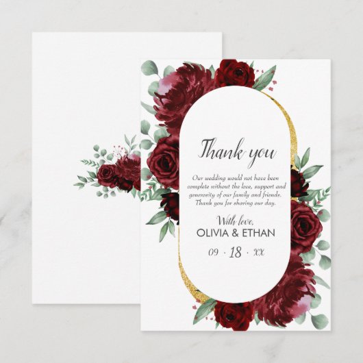 Rustic Elegant Red Rose Floral Gold White Wedding Bedankkaart (Voorkant / Achterkant)