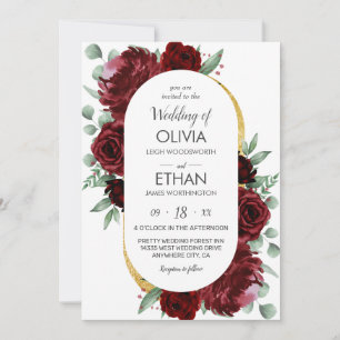 Rustic Elegant Red Rose Floral Gold White Wedding Kaart