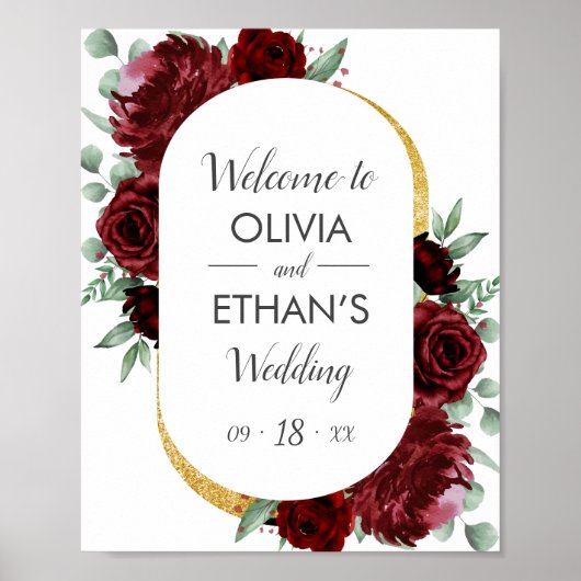 Rustic Elegant Red Rose Floral Gold White Wedding Poster (Voorkant)