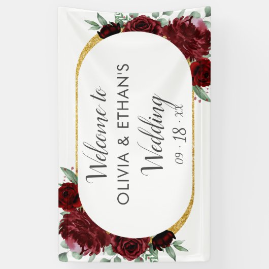 Rustic Elegant Red Rose Floral Gold White Wedding Spandoek (Verticaal)