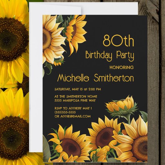 Rustic Elegant Sunflower Black 80th Birthday Kaart