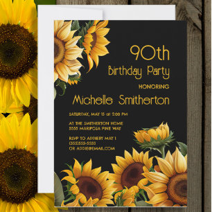 Rustic Elegant Sunflower Black 90th Birthday Kaart
